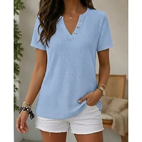 Women's Waffle T-shirt Summer Tops Buttons Stylish Casual Short Sleeve V Neck Regular Tops Casual Daily Going out Blue Black Light Green Purple Summer Spring