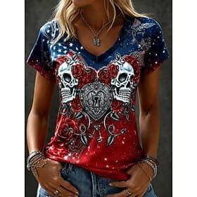 American Independence Day Halloween Women's T Shirt Print Floral Graphic American Flag Vintage Stylish Classic Short Sleeve V Neck Regular Tops Casual Daily Sp