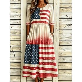 Women's Midi Dress A Line Dress Vacation Casual Holiday Regular Fit Graphic Flag Half Sleeve Crew Neck Red Beige Summer Spring