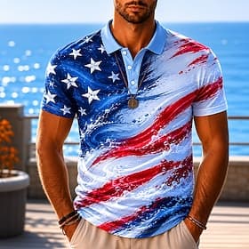 4th of July 2026 250th Men's Ocean American US Flag Hawaiian Polo Shirts Short Sleeve Polo Shirts Lapel Business Casual Athleisure 3D Print Buttons Breathable