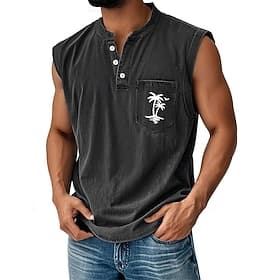 Homens Camisa 100% algodão com lavagem ácida camisa sem manga Sem Manga Henley Verão Côr Sólida Coco Casual Tingimento em peça Desaparecido Lavagem vintage Diá