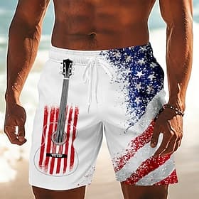 4th of July 2026 250th Men's Guitar American Flag Swim Trunks Bathing Suits Swim Shorts Board Shorts Mid Waist Patriotic Daily Holiday Side Pockets Mesh Lining