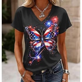 American Independence Day Women's T Shirt Print Graphic Letter American Flag Vintage Stylish Classic Short Sleeve V Neck Regular Tops Casual Daily Black White