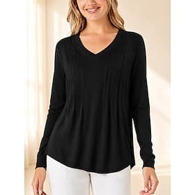 Women's Shirt Blouse Tunic Solid Color Casual Long Sleeve V Neck Regular Tops Casual Daily Weekend Black White Dark Green Summer