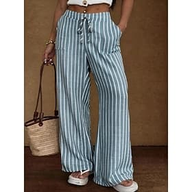 Femmes Jambe large Pantalons Pantalon décontracté Droit Mode Streetwear Basique Longueur complète Taille haute Rayé Avec Poches Taille Élastique Confortable No