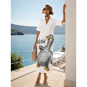 Women's Midi Dress Shift Dress Sundress White Dress Summer Dress Vacation Daily Outdoor Beach Loose Fit Floral Graphic Geometric Short Sleeve V Neck Blue Light