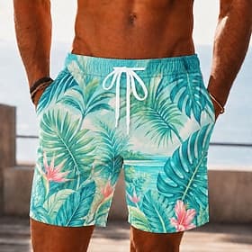 Men's Floral Coconut Tree Tropical Plants Swim Trunks Bathing Suits Swim Shorts Board Shorts Mid Waist Hawaiian Daily Beach Vacation Wear Side Pockets Mesh Lin