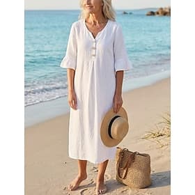Femmes Robe Midi Robe d'Été Robe Décontractée Vacances Occasionnel Boho Plage Soirée Date Coupe régulière Uni Manche Courte Col en V Bleu Blanche Beige Été Pri