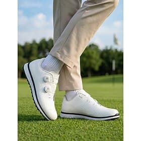 Men's White Slip-On Golf Shoes, Breathable Knit Sport Walking Shoes, Lightweight Non-Slip Shoes for Golf, Travel, Daily Wear