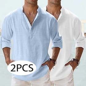 Men Shirt Linen Shirt Summer Shirt Beach Shirt Plain Casual Beach GrayPink OrangeBlue GreenKhaki PinkBlue Long Sleeve Henley Spring Summer Summer Clothing App