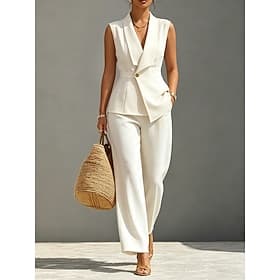 Women's Pants Sets Sleeveless Shirt Collar Solid Color Patchwork Formal Almond Summer