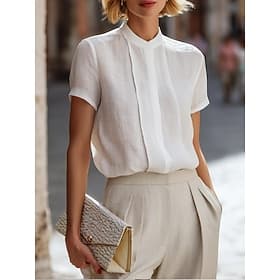 Women's Shirt Blouse Plain Elegant Daily Short Sleeve Stand Collar Regular Tops Casual claret Black White Navy Blue Summer Spring