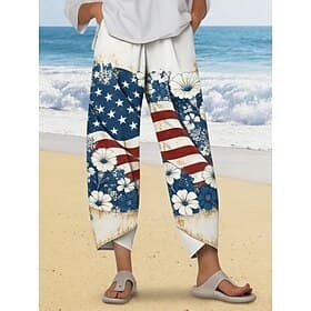 American Independence Day Women's Wide Leg Chinos Baggy Pants Beach Shorts Vacation Vintage Ethnic Style Ankle-Length High WaistPantsFloral Graphic Printing Pr