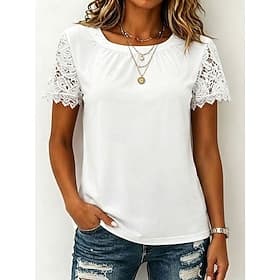Women's Shirt Blouse Lace Tops Lace Plain Stylish Classic Modern Short Sleeve Crew Neck Regular Tops Daily Holiday Going out Blue Black White Pink Red Summer S