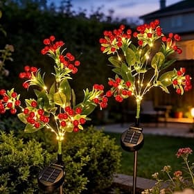 Solar Flower Lights for Outside, Poinsettia Red Berries LED Solar Garden Decor with Auto On/Off, Waterproof Outdoor Stake Lights Red Flowers Flowers Outdoor Wa