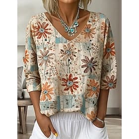 Women's Shirt Print Floral Graphic Elegant Bohemia Active 3/4 Length Sleeve V Neck Regular Tops Casual Daily Holiday Khaki Summer Spring
