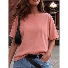 SoftFade™ Women's 100% Cotton T Shirt Tee Vintage Washed Tops Fashion Stylish Classic Short Sleeve Crew Neck Long Tops Casual Daily Beach Rose Red Blue Grass G