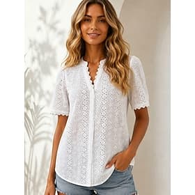 Women's Blouse Eyelet Buttons Solid Color Stylish Casual Short Sleeve V Neck Regular Tops Casual Daily Black White Purple Summer Spring