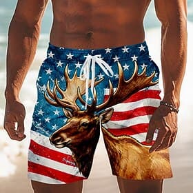 4th of July 2026 250th Men's American Flag Deer Swim Trunks Bathing Suits Swim Shorts Board Shorts Mid Waist Patriotic Daily Holiday Side Pockets Mesh Lining E