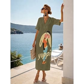 Women's Midi Dress Shift Dress Sundress Summer Dress Vacation Daily Outdoor Beach Loose Fit Floral Graphic Geometric Short Sleeve V Neck White Light Green Dark