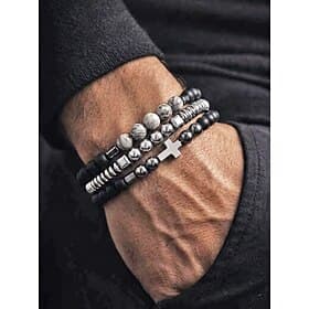 Men's Obsidian Beaded Cross Bracelet Set - Multi-layered matte obsidian and metal beads with grey gemstone decoration, Stretch design, Bohemian style, Ssuitabl