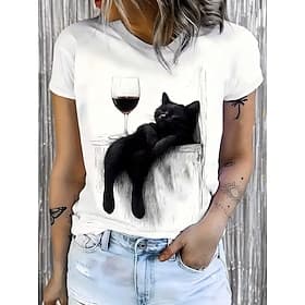Women's T Shirt Print Graphic Animal Cat Vintage Stylish Classic Short Sleeve Crew Neck Round Neck Regular Tops Casual Daily White Summer Spring