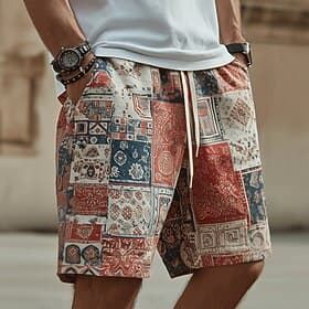 Homme Bohème Bloc de Couleur Patchwork Shorts de survêtement Shorts de plage shorts en tissu éponge Taille Moyenne Ethnique Rétro Vintage Occasionnel Vacances