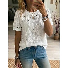 Women's Lace Tops Lace Elegant Bohemia Tropical Short Sleeve Crew Neck Regular Tops Casual Daily Going out White Summer Spring