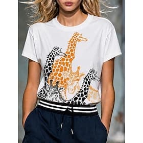 Women's T Shirt Print Graphic Animal Giraffe Vintage Stylish Classic Short Sleeve Crew Neck Round Neck Regular Tops Casual Daily Weekend Blue White Gray Summer
