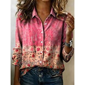 Women's Shirt Buttons Print Floral Graphic Vintage Stylish Modern Long Sleeve Shirt Collar Regular Tops Casual Daily Pink Summer Spring