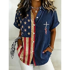 American Independence Day Women's Shirt Graphic Flag American Flag Vintage Stylish Casual Short Sleeve Shirt Collar Regular Tops Casual Daily Blue Dark Blue Su