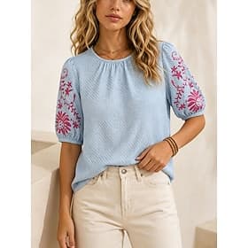 Women's Blouse Embroidered Solid Color Stylish Casual Short Sleeve Crew Neck Regular Tops Casual Daily Blue Summer Spring