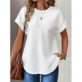 Femmes Chemisier texturé Uni ancien Occasionnel Manche Courte Col ras du cou Hauts courts Occasionnel Quotidien Sortir Blanche Été Printemps