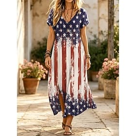 American Independence Day Women's Midi Dress Shift Dress Casual Loose Fit Graphic Flag Short Sleeve V Neck White Royal Blue Summer Spring