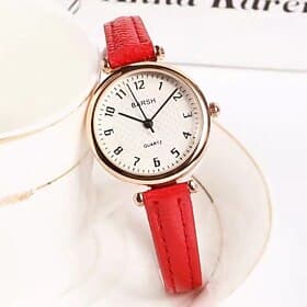 Women's Rose Gold Watch with Red Leather Strap, Fashion Ladies Wristwatch with White Textured Dial and Easy to Read Arabic Numerals, Elegant Analog Quartz Watc