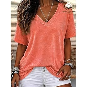 SoftFade™ Women's T Shirt 100% Cotton Shirt Tee Top Ruched Solid Color Plain Vintage Fashion Stylish Short Sleeve V Neck Crop Tops Casual Daily Going out Blue
