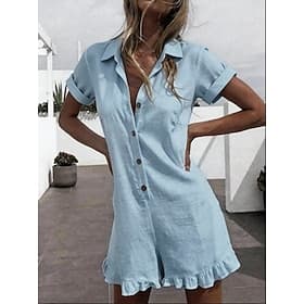 Damen Strampler Elegant Einfarbig Kurzarm Baggy-Shorts Hemdkragen Rüsche Täglich Urlaub Normale Passform Khaki Weiß Rosa Sommer