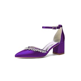 Décolleté da donna con tacco a blocco in raso viola scuro - scarpe eleganti impreziosite da cristalli, perfette per cocktail party ed eventi serali.