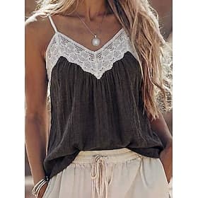 Women's Blouse Lace Tops Lace Plain Vintage Boho Sleeveless V Neck Crop Tops Casual Beach Summer Grey Summer Spring