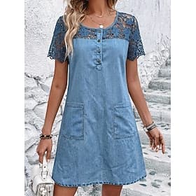 Femmes Mini robe Robe en Dentelle Robe en jean Robe Décontractée Robe d'été ancien Mode Quotidien Fête Coupe régulière Uni Manche Courte Col ras du cou Bleu Ét