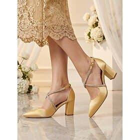 Women's Gold Pointed Toe Block Heel Pumps - Elegant Mother of the Bride Shoes for City Weddings and Evening Receptions