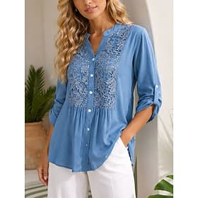 Women's Blouse Lace Solid Color Vintage Stylish Casual Long Sleeve V Neck Regular Tops Casual Daily Blue Summer Spring