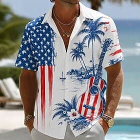 4th of July 2026 250th Men's Guitar American Flag Coconut Palm Shirt Summer Shirt Button Up Shirt Short Sleeve Patriotic Daily Streetwear Summer Spring Turndow
