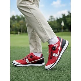 Men's Red Golf Sneakers, Lace-Up Sport Walking Shoes, Comfortable Non-Slip Shoes for Golf, Outdoor, Daily Wear