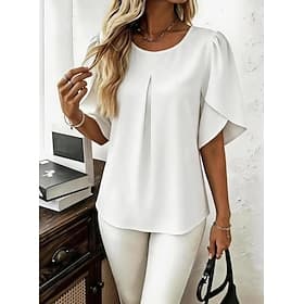 Women's Shirt Blouse Pullover Solid Color Elegant Vacation Daily Short Sleeve Petal Sleeve Crew Neck Long Tops Casual Daily White Light Green Sky Blue Light Pu