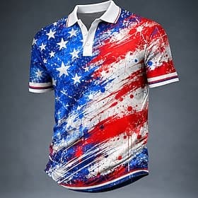 4th of July 2026 250th Men's American US Flag Polo Shirts Short Sleeve Polo Shirts Lapel Casual Athleisure 3D Print Buttons Breathable Mesh Spring Summer Blue