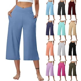 Women's Capri Pants Yoga Pants Wide Leg Fashion Streetwear Casual Calf-Length Mid Waist Plain Pocket Comfy Comfort Soft Stretchy Outdoor Vacation Street Blue L