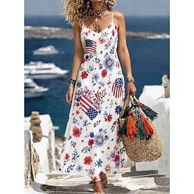 American Independence Day Women's Maxi Dress A Line Dress Slip Dress Vacation Casual Regular Fit Graphic Flag Sleeveless V Neck Black White Summer Spring