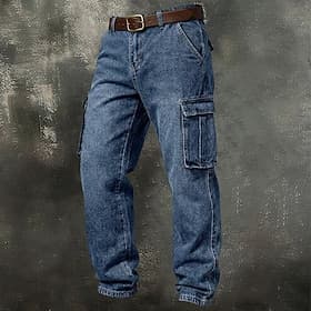 Men's Cargo Pants Trousers Casual Pants Denim Pants Multi Pocket Straight Leg Plain Comfort Full Length Casual Daily Outdoor Fashion Streetwear Blue Black Inel