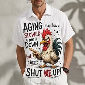 Men's Rooster Funny Slang Cartoon Animals Shirt Summer Shirt Button Up Shirt Short Sleeve Ironic Daily Outdoor Vacation Summer Spring Turndown 3D Print Collare